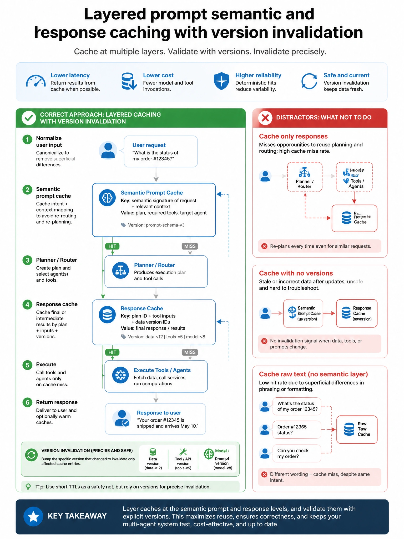 Portrait infographic 1536x2048, Microsoft Foundry / Azure multi-agent style (blue #0078D4, white, dark navy). Title: Layered prompt semantic and response caching with version invalidation. Clear labeled diagram of correct approach vs distractors, green callout for correct path, muted red for wrong paths, clean icons, no decorative clutter, readable baked text.