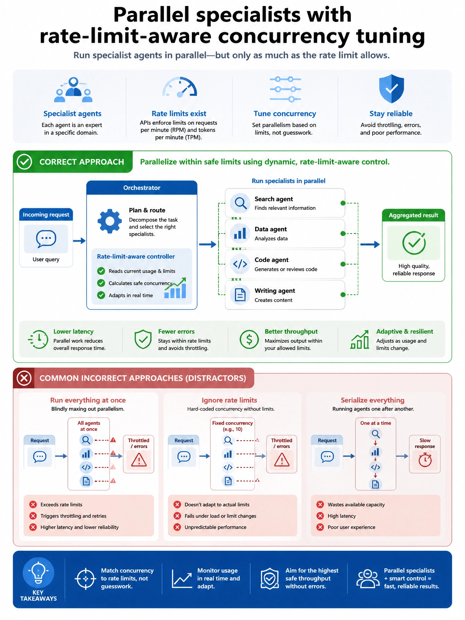 Portrait infographic 1536x2048, Microsoft Foundry / Azure multi-agent style (blue #0078D4, white, dark navy). Title: Parallel specialists with rate-limit-aware concurrency tuning. Clear labeled diagram of correct approach vs distractors, green callout for correct path, muted red for wrong paths, clean icons, no decorative clutter, readable baked text.