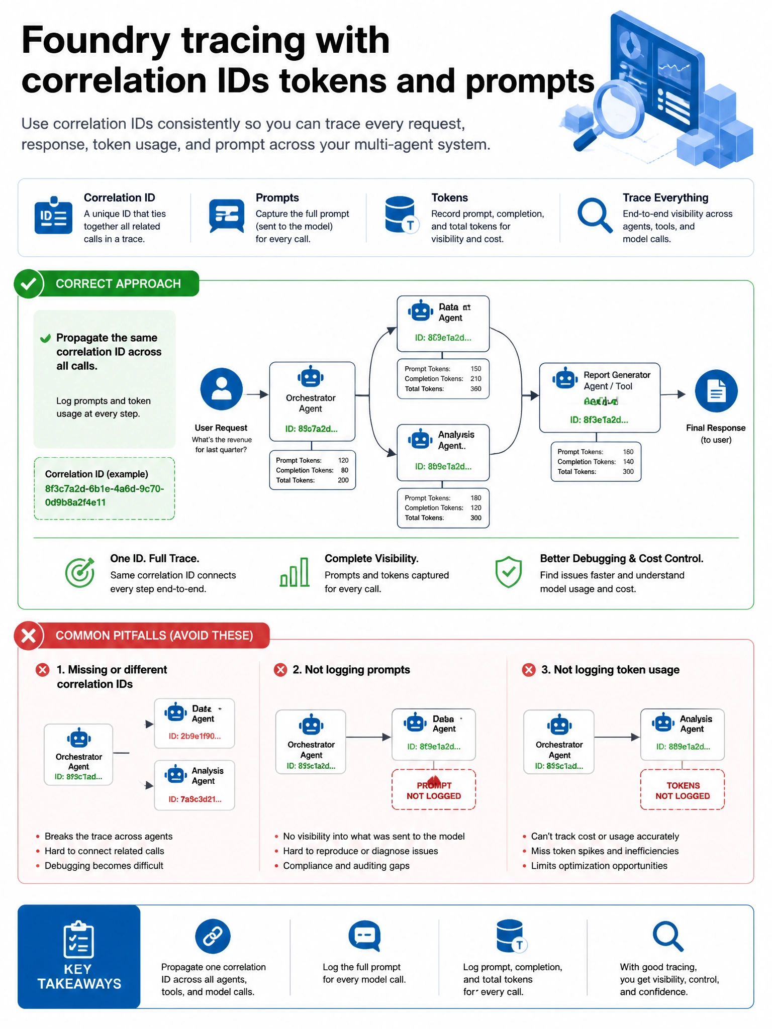 Portrait infographic 1536x2048, Microsoft Foundry / Azure multi-agent style (blue #0078D4, white, dark navy). Title: Foundry tracing with correlation IDs tokens and prompts. Clear labeled diagram of correct approach vs distractors, green callout for correct path, muted red for wrong paths, clean icons, no decorative clutter, readable baked text.