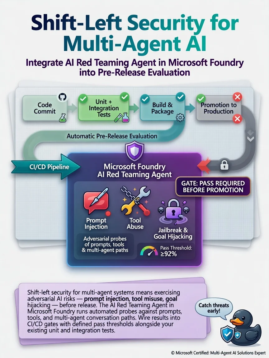 CI/CD pipeline stages with a 'Foundry AI Red Teaming Agent' gate before Production; icons for prompt injection, tool abuse, jailbreak probes; pass/fail threshold badge.