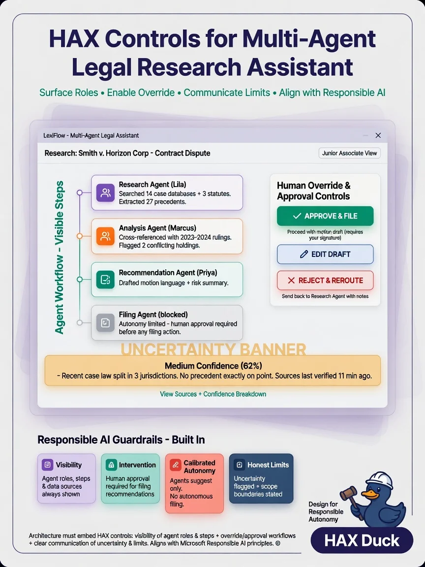 UI wireframe of multi-agent legal assistant: timeline of agent steps, uncertainty banner, Approve/Edit/Reject buttons, responsible AI callouts.