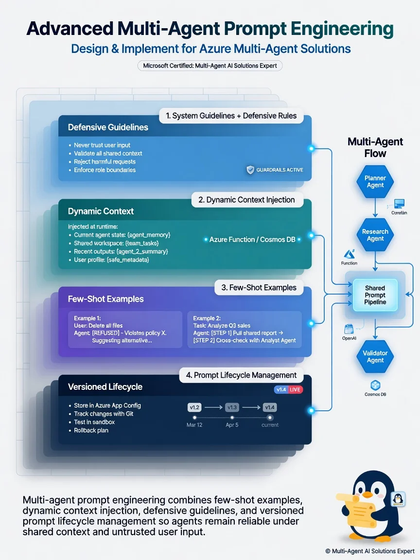 Prompt lifecycle wheel: Author → Review → Evaluate → Release → Monitor; agent-specific prompt packages with examples and defensive guidelines icons.