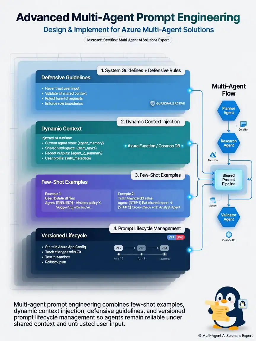 Prompt lifecycle wheel: Author → Review → Evaluate → Release → Monitor; agent-specific prompt packages with examples and defensive guidelines icons.