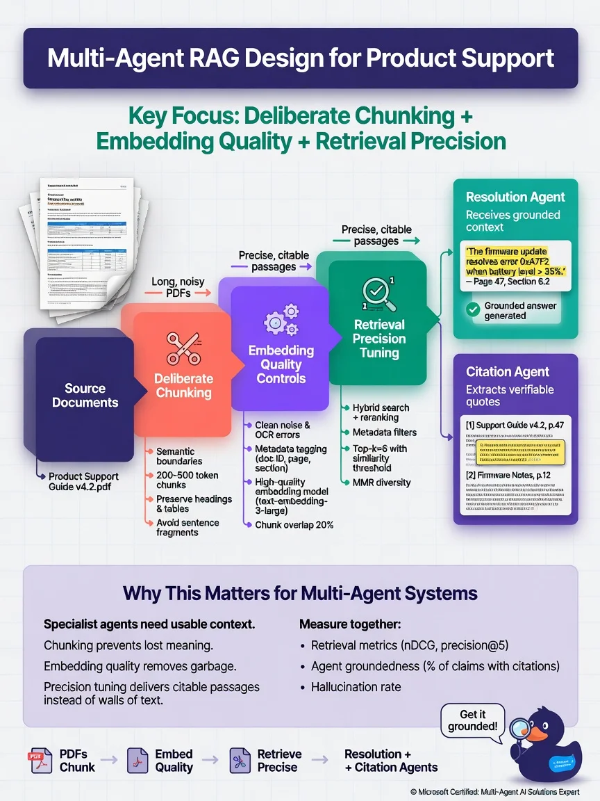 RAG flow for multi-agent: PDFs → chunking → embeddings → AI Search → Retrieval agent → Resolution & Citation agents; precision gauge.