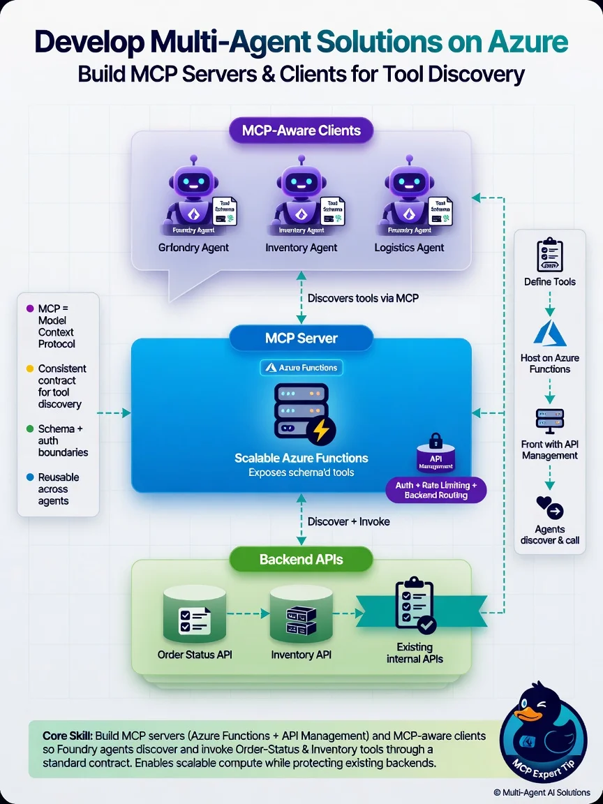 Agents as MCP clients → MCP server on Azure Functions → Order/Inventory APIs via API Management; schema/tool icons.