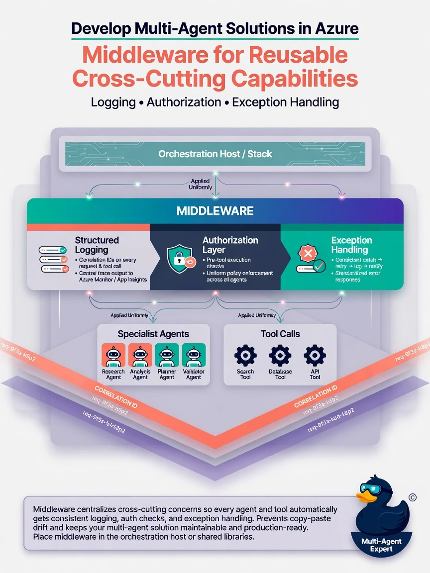 Layered architecture: Agents/Tools behind Middleware band labeled Logging | AuthZ | Exceptions; correlation ID strip across requests.