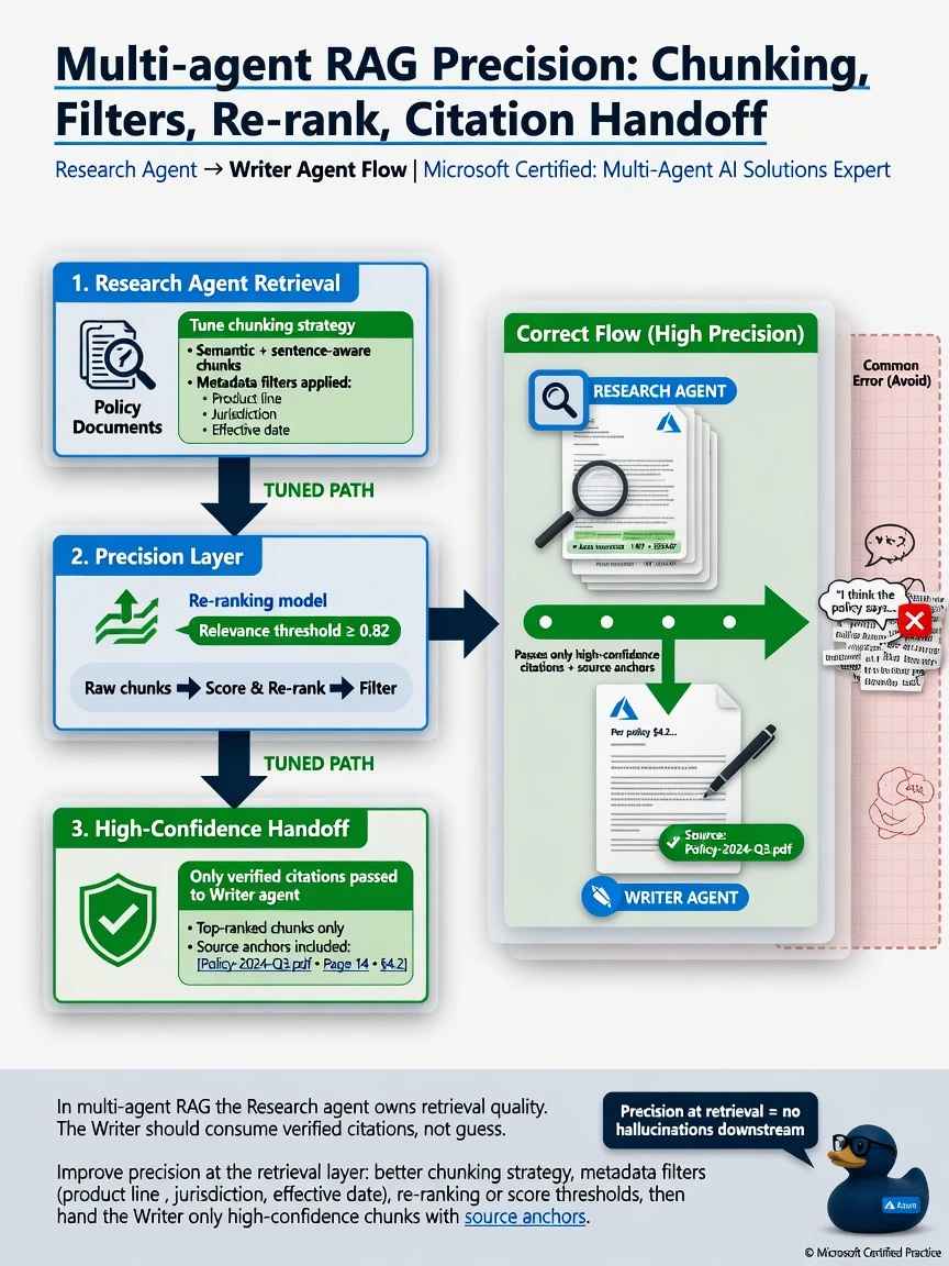 Portrait infographic 1536x2048, Microsoft Foundry multi-agent style (blue #0078D4, white, dark navy). Title: Multi-agent RAG precision: chunking, filters, re-rank, citation handoff. Clear labels, correct-path callout in green, distractors muted red, simple architecture or decision flow, clean icons, no decorative clutter.