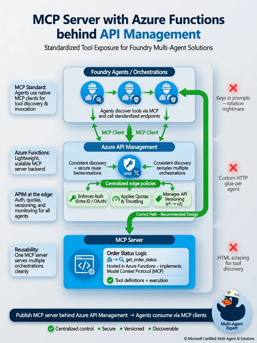 Portrait infographic 1536x2048, Microsoft Foundry multi-agent style (blue #0078D4, white, dark navy). Title: MCP server with Azure Functions behind API Management. Clear labels, correct-path callout in green, distractors muted red, simple architecture or decision flow, clean icons, no decorative clutter.