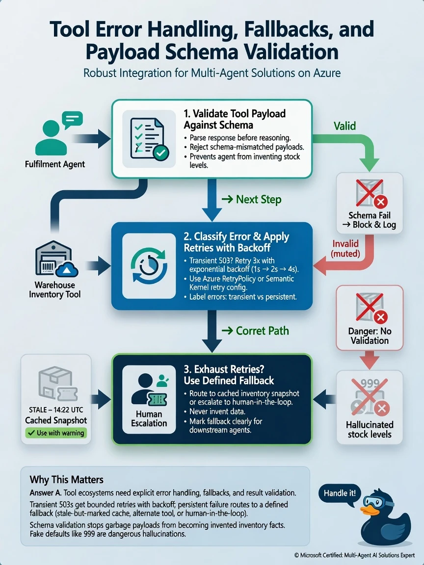 Portrait infographic 1536x2048, Microsoft Foundry multi-agent style (blue #0078D4, white, dark navy). Title: Tool error handling, fallbacks, and payload schema validation. Clear labels, correct-path callout in green, distractors muted red, simple architecture or decision flow, clean icons, no decorative clutter.