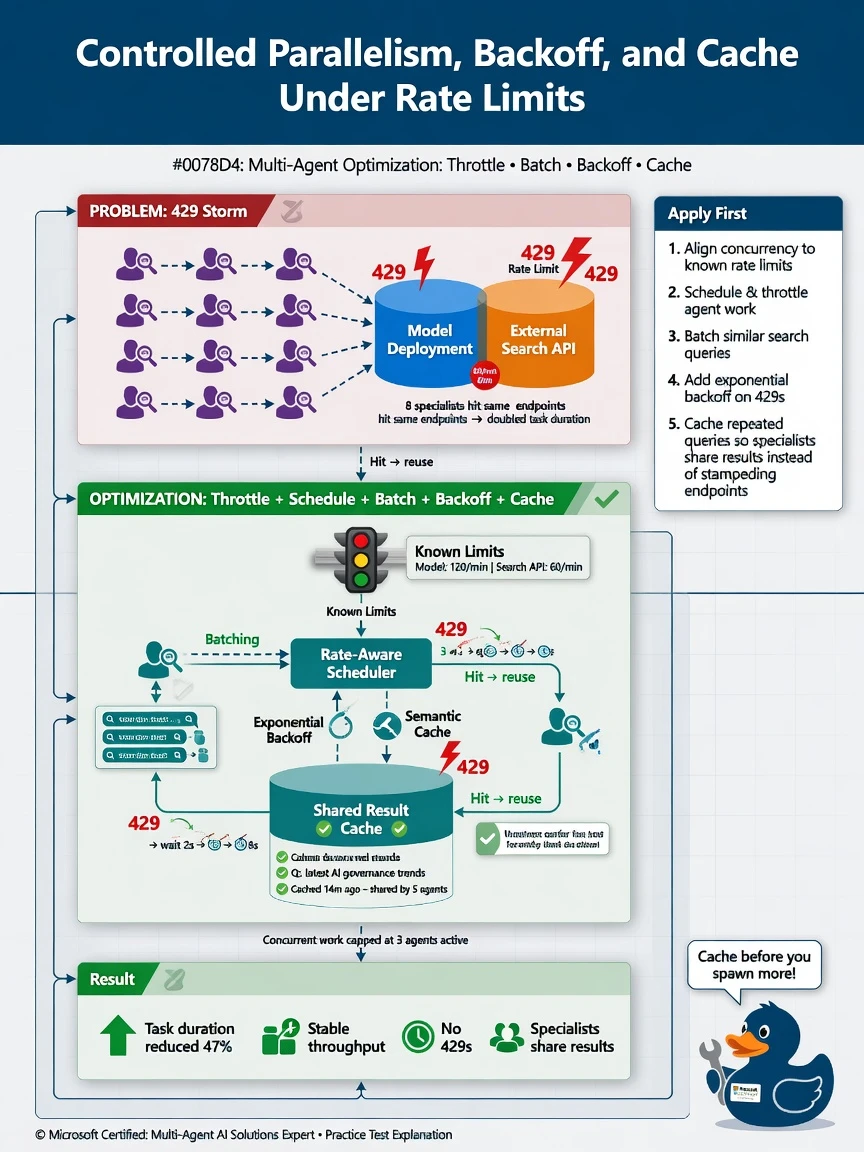 Portrait infographic 1536x2048, Microsoft Foundry multi-agent style (blue #0078D4, white, dark navy). Title: Controlled parallelism, backoff, and cache under rate limits. Clear labels, correct-path callout in green, distractors muted red, simple architecture or decision flow, clean icons, no decorative clutter.