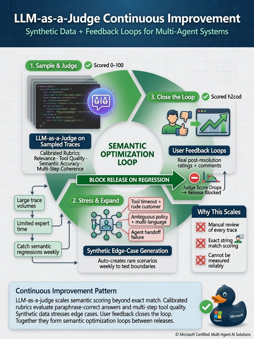 Portrait infographic 1536x2048, Microsoft Foundry multi-agent style (blue #0078D4, white, dark navy). Title: LLM-as-a-judge continuous improvement with synthetic data and feedback. Clear labels, correct-path callout in green, distractors muted red, simple architecture or decision flow, clean icons, no decorative clutter.