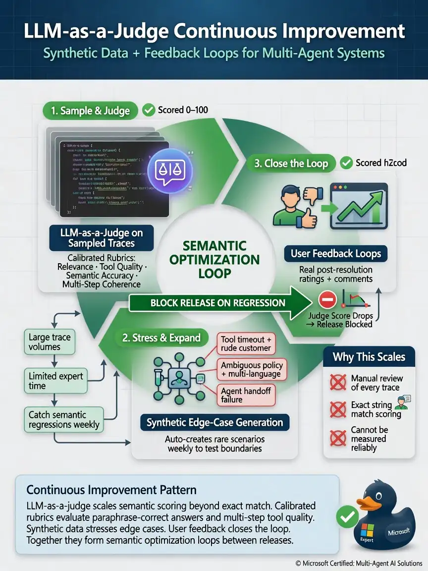 Portrait infographic 1536x2048, Microsoft Foundry multi-agent style (blue #0078D4, white, dark navy). Title: LLM-as-a-judge continuous improvement with synthetic data and feedback. Clear labels, correct-path callout in green, distractors muted red, simple architecture or decision flow, clean icons, no decorative clutter.