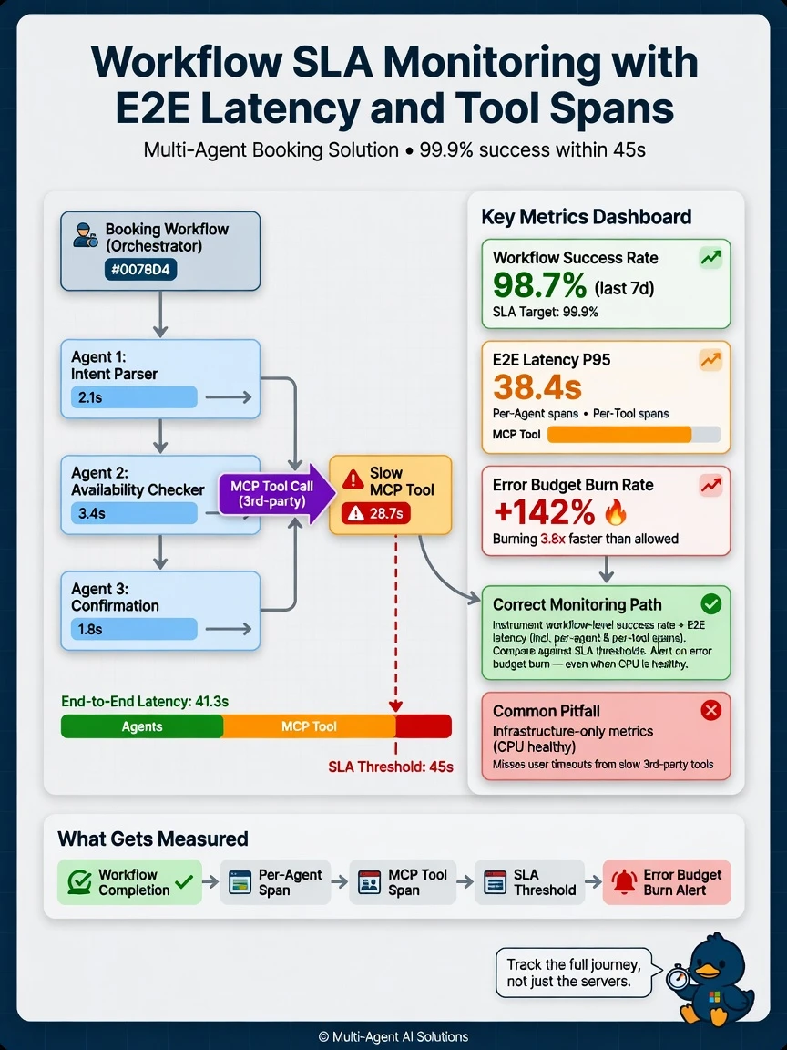 Portrait infographic 1536x2048, Microsoft Foundry multi-agent style (blue #0078D4, white, dark navy). Title: Workflow SLA monitoring with E2E latency and tool spans. Clear labels, correct-path callout in green, distractors muted red, simple architecture or decision flow, clean icons, no decorative clutter.
