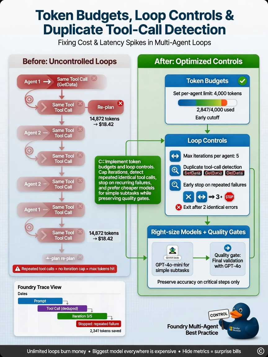 Portrait infographic 1536x2048, Microsoft Foundry multi-agent style (blue #0078D4, white, dark navy). Title: Token budgets, loop controls, and duplicate tool-call detection. Clear labels, correct-path callout in green, distractors muted red, simple architecture or decision flow, clean icons, no decorative clutter.