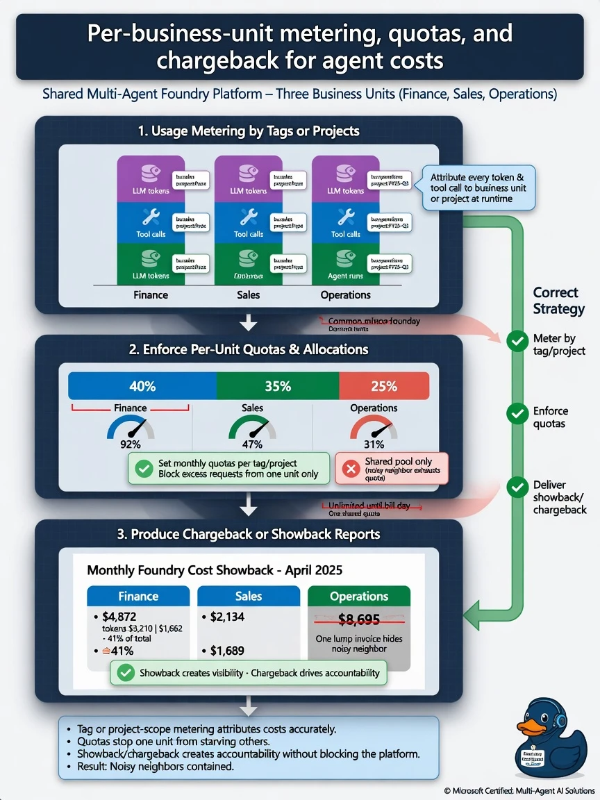 Portrait infographic 1536x2048, Microsoft Foundry multi-agent style (blue #0078D4, white, dark navy). Title: Per-business-unit metering, quotas, and chargeback for agent costs. Clear labels, correct-path callout in green, distractors muted red, simple architecture or decision flow, clean icons, no decorative clutter.