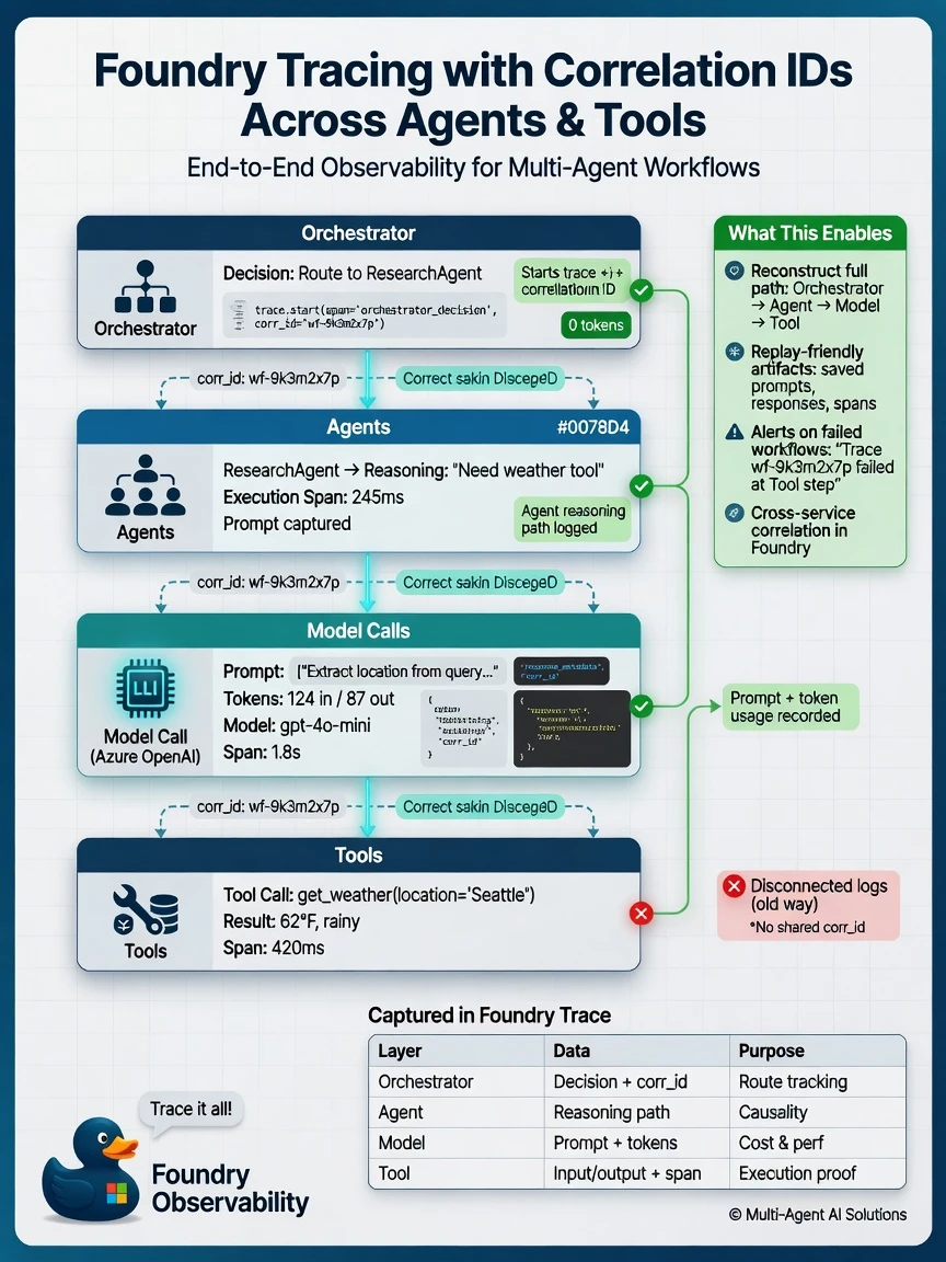 Portrait infographic 1536x2048, Microsoft Foundry multi-agent style (blue #0078D4, white, dark navy). Title: Foundry tracing with correlation IDs across agents and tools. Clear labels, correct-path callout in green, distractors muted red, simple architecture or decision flow, clean icons, no decorative clutter.