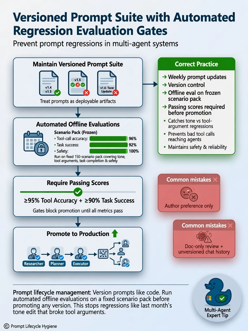 Portrait infographic 1536x2048, Microsoft Foundry multi-agent style (blue #0078D4, white, dark navy). Title: Versioned prompt suite with automated regression evaluation gates. Clear labels, correct-path callout in green, distractors muted red, simple architecture or decision flow, clean icons, no decorative clutter.