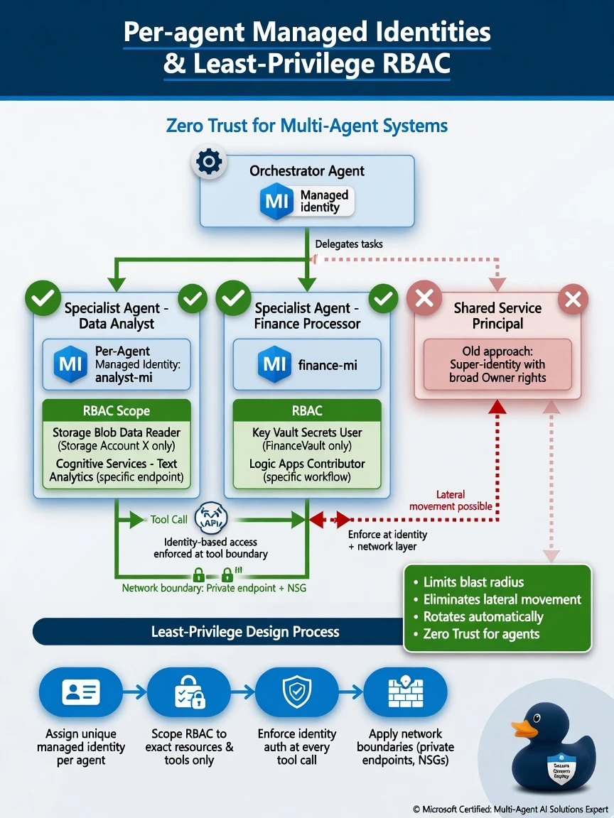Portrait infographic 1536x2048, Microsoft Foundry multi-agent style (blue #0078D4, white, dark navy). Title: Per-agent managed identities and least-privilege RBAC. Clear labels, correct-path callout in green, distractors muted red, simple architecture or decision flow, clean icons, no decorative clutter.