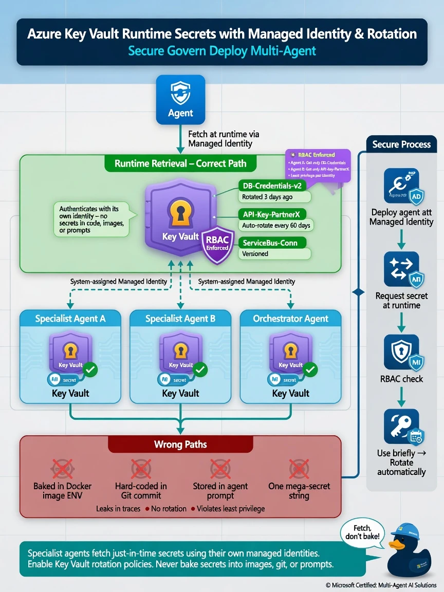 Portrait infographic 1536x2048, Microsoft Foundry multi-agent style (blue #0078D4, white, dark navy). Title: Azure Key Vault runtime secrets with managed identity and rotation. Clear labels, correct-path callout in green, distractors muted red, simple architecture or decision flow, clean icons, no decorative clutter.