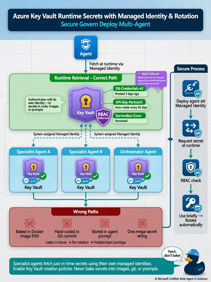 Portrait infographic 1536x2048, Microsoft Foundry multi-agent style (blue #0078D4, white, dark navy). Title: Azure Key Vault runtime secrets with managed identity and rotation. Clear labels, correct-path callout in green, distractors muted red, simple architecture or decision flow, clean icons, no decorative clutter.