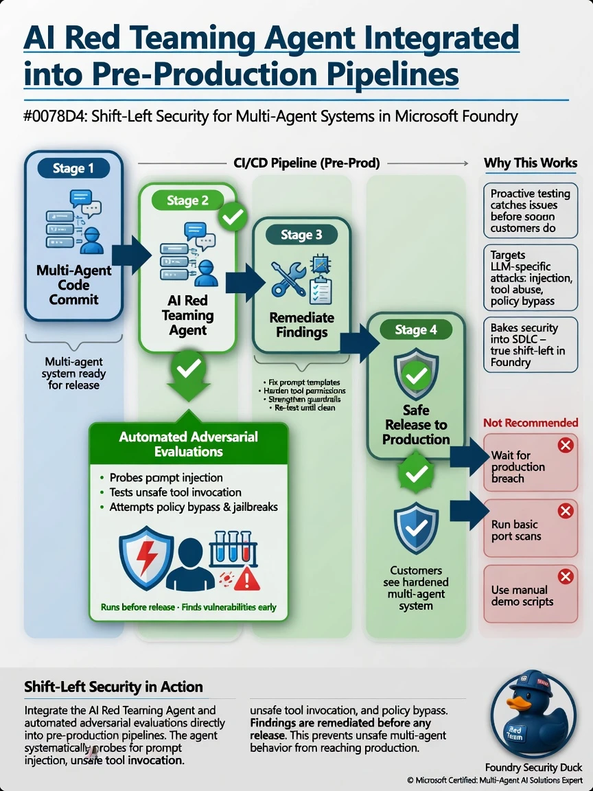 Portrait infographic 1536x2048, Microsoft Foundry multi-agent style (blue #0078D4, white, dark navy). Title: AI Red Teaming Agent integrated into pre-production pipelines. Clear labels, correct-path callout in green, distractors muted red, simple architecture or decision flow, clean icons, no decorative clutter.
