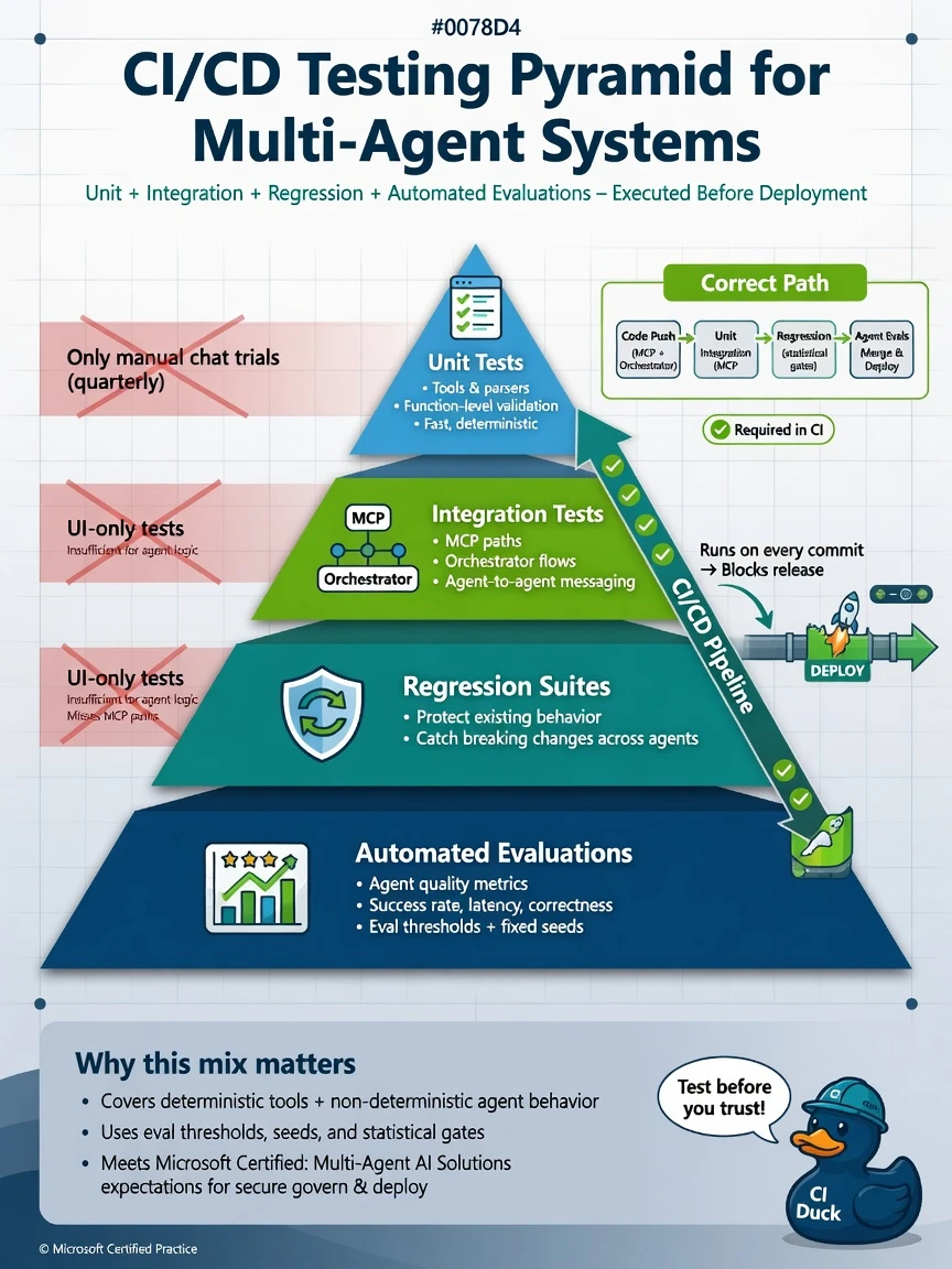Portrait infographic 1536x2048, Microsoft Foundry multi-agent style (blue #0078D4, white, dark navy). Title: CI/CD testing pyramid with automated multi-agent evaluations. Clear labels, correct-path callout in green, distractors muted red, simple architecture or decision flow, clean icons, no decorative clutter.