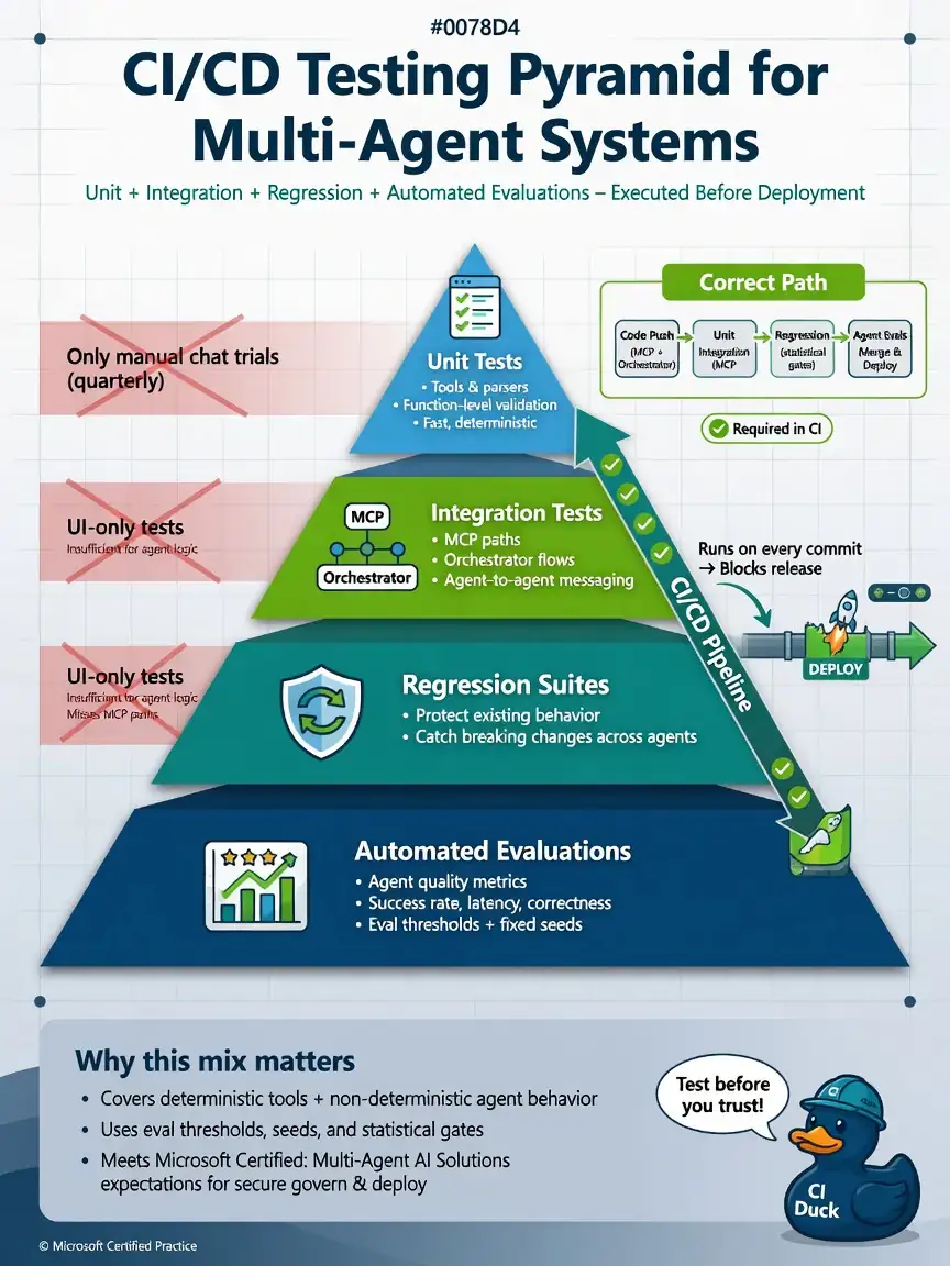 Portrait infographic 1536x2048, Microsoft Foundry multi-agent style (blue #0078D4, white, dark navy). Title: CI/CD testing pyramid with automated multi-agent evaluations. Clear labels, correct-path callout in green, distractors muted red, simple architecture or decision flow, clean icons, no decorative clutter.