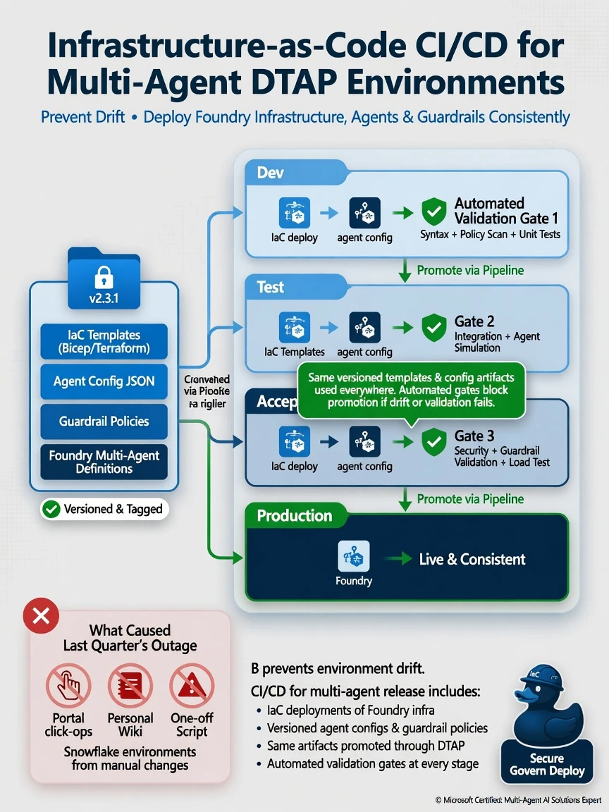 Portrait infographic 1536x2048, Microsoft Foundry multi-agent style (blue #0078D4, white, dark navy). Title: Infrastructure-as-code CI/CD for multi-agent DTAP environments. Clear labels, correct-path callout in green, distractors muted red, simple architecture or decision flow, clean icons, no decorative clutter.