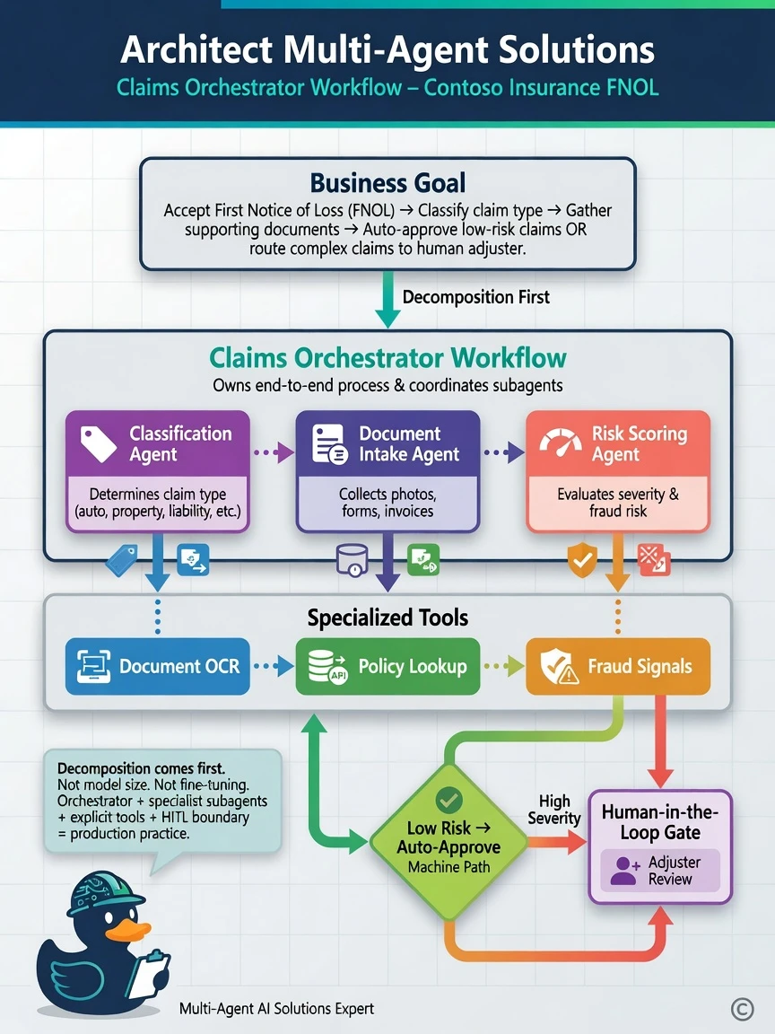 Architecture diagram: top business goal FNOL box decomposes into Orchestrator workflow, then Classification agent, Document intake agent, Risk scoring agent, tools (OCR, Policy API, Fraud signals), and a HITL Adjuster decision diamond for high-severity path. Auto-approve path green. Clean Microsoft Foundry style labels.