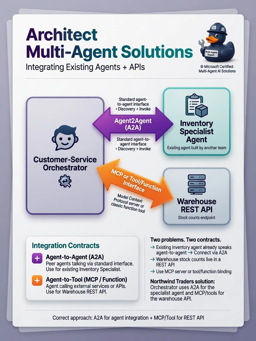 Protocol map: Orchestrator agent dual arrows labeled A2A to Inventory Specialist agent; separate arrow labeled MCP/Tool to Warehouse REST API box. Legend distinguishing agent-to-agent vs agent-to-tool.