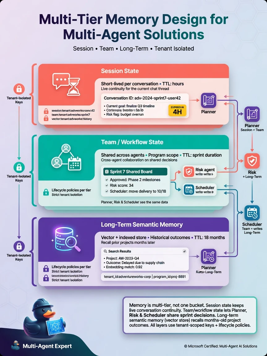 Three-layer memory stack diagram: Session state (TTL hours), Team/shared workflow state (sprint/program scope), Long-term semantic memory (vector DB with tenantid). Three agents reading/writing appropriate layers. Isolation padlocks per tenant.