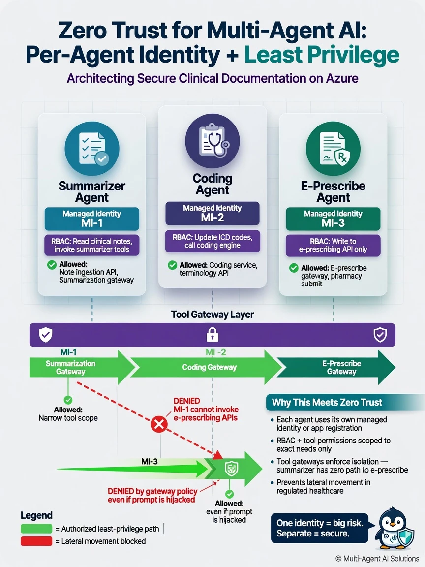 Zero Trust agent diagram: Summarizer agent MI-1, Coding agent MI-2, E-prescribe agent MI-3. Tool gateway policy denies MI-1 from e-prescribe API. Green allow arrows only on authorized paths. Red blocked lateral arrow from summarizer to e-prescribe.