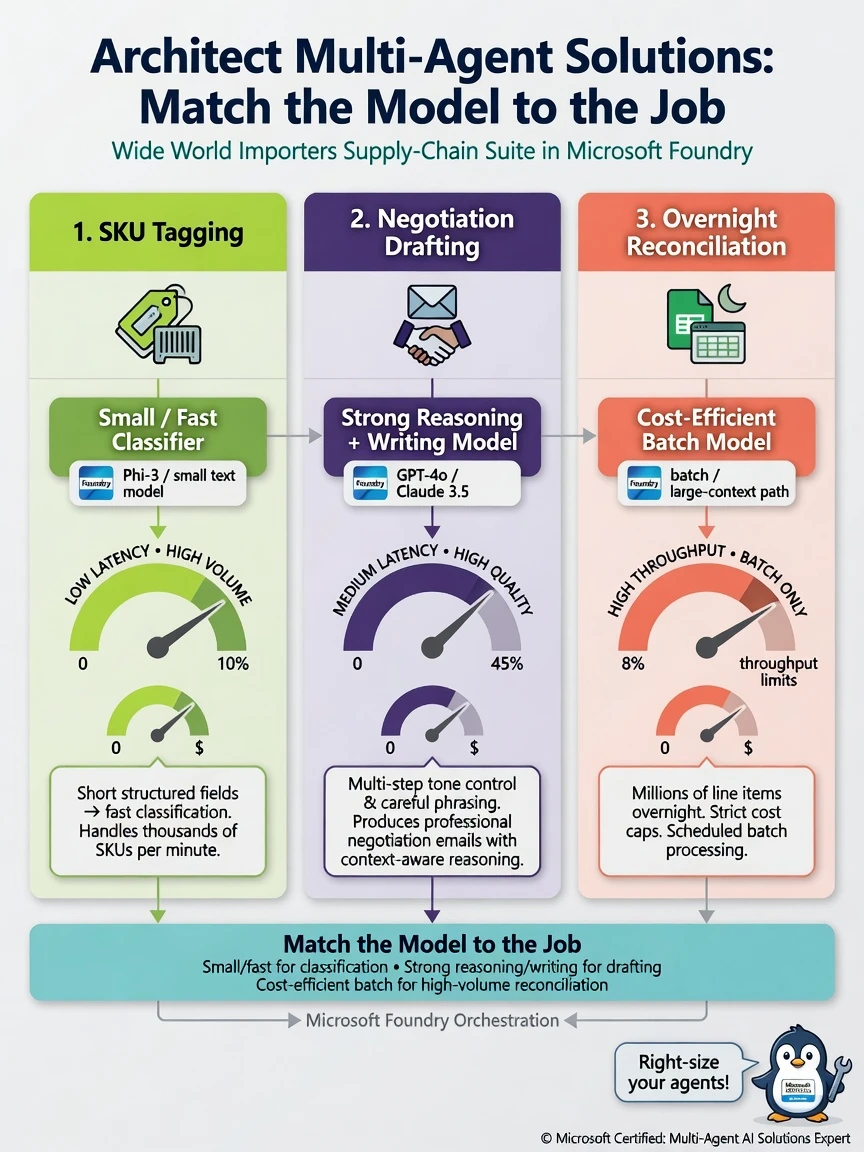 Three swimlanes of agents with model badges: Classifier→Small/Fast, Negotiation→Strong LLM, Reconciliation→Cost-efficient batch. Cost/latency gauges under each. Microsoft Foundry model catalog icons.