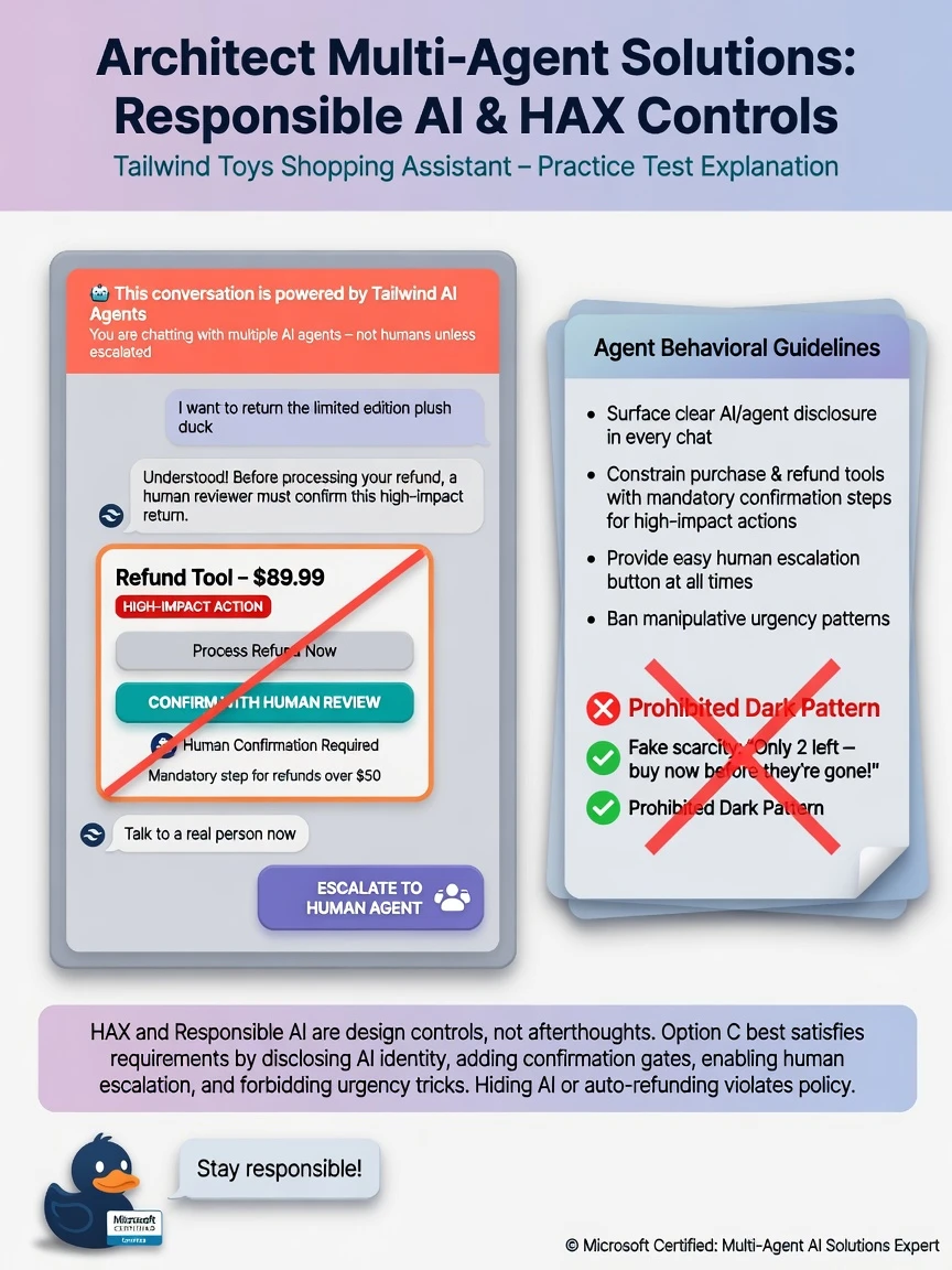 Customer chat UI mock with AI disclosure banner, Refund tool requiring Confirm with human badge, Escalate to agent button, and a blocked 'Fake scarcity' policy X mark on behavioral guidelines panel.