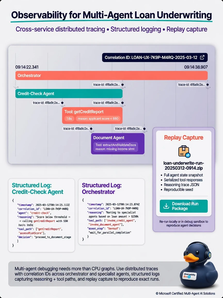 Distributed trace timeline: Orchestrator span parent of Credit-check and Document agent spans, tool call child spans. Correlation ID banner. Side panel 'Replay capture' with downloadable run package. Structured log JSON samples.