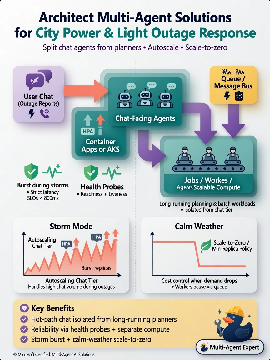Architecture: User chat → Container Apps/AKS agent tier (HPA arrows), Queue → Worker jobs for Planner agent, storm burst scale chart, calm-weather scale-to-zero icon. Health probe checkmarks.