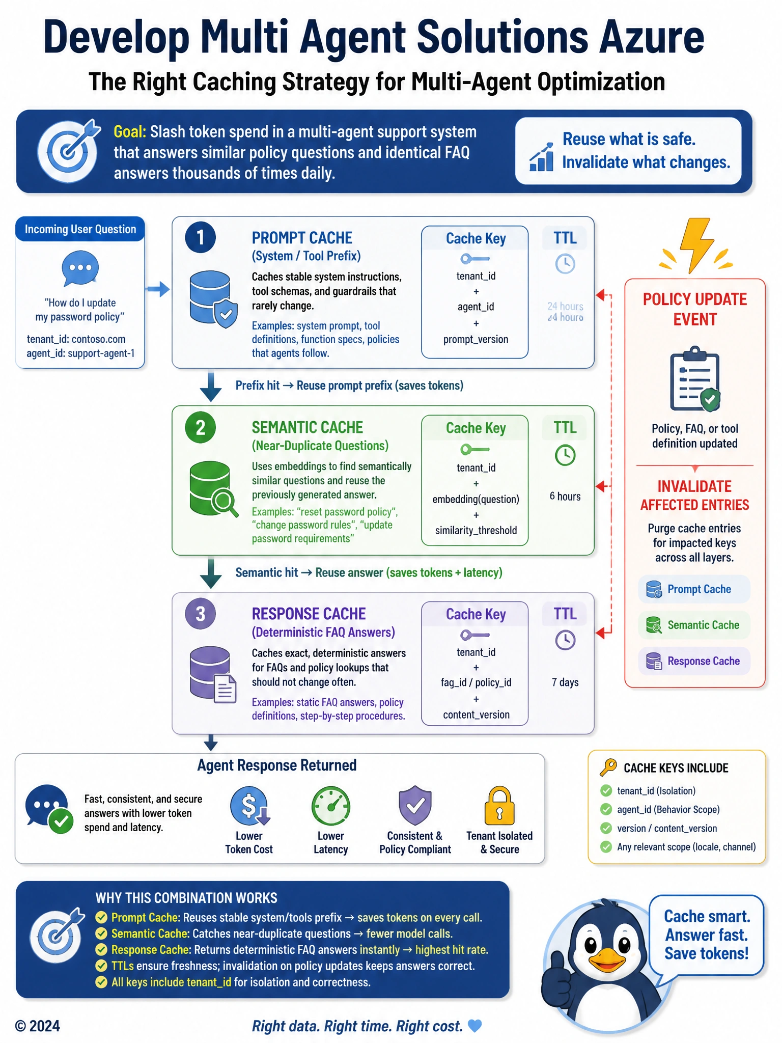 Three cache layers diagram: Prompt cache (system prefix), Semantic cache (embedding similarity), Response cache (FAQ key). Invalidation lightning bolt from Policy update event. Tenantid in cache keys.