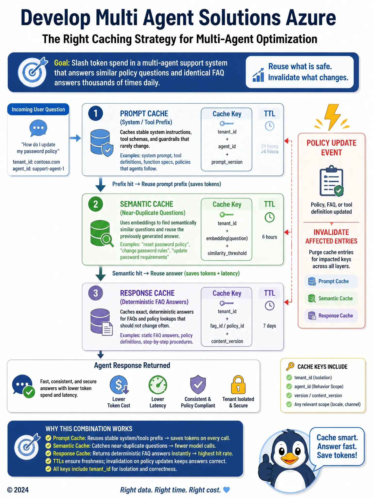 Three cache layers diagram: Prompt cache (system prefix), Semantic cache (embedding similarity), Response cache (FAQ key). Invalidation lightning bolt from Policy update event. Tenantid in cache keys.