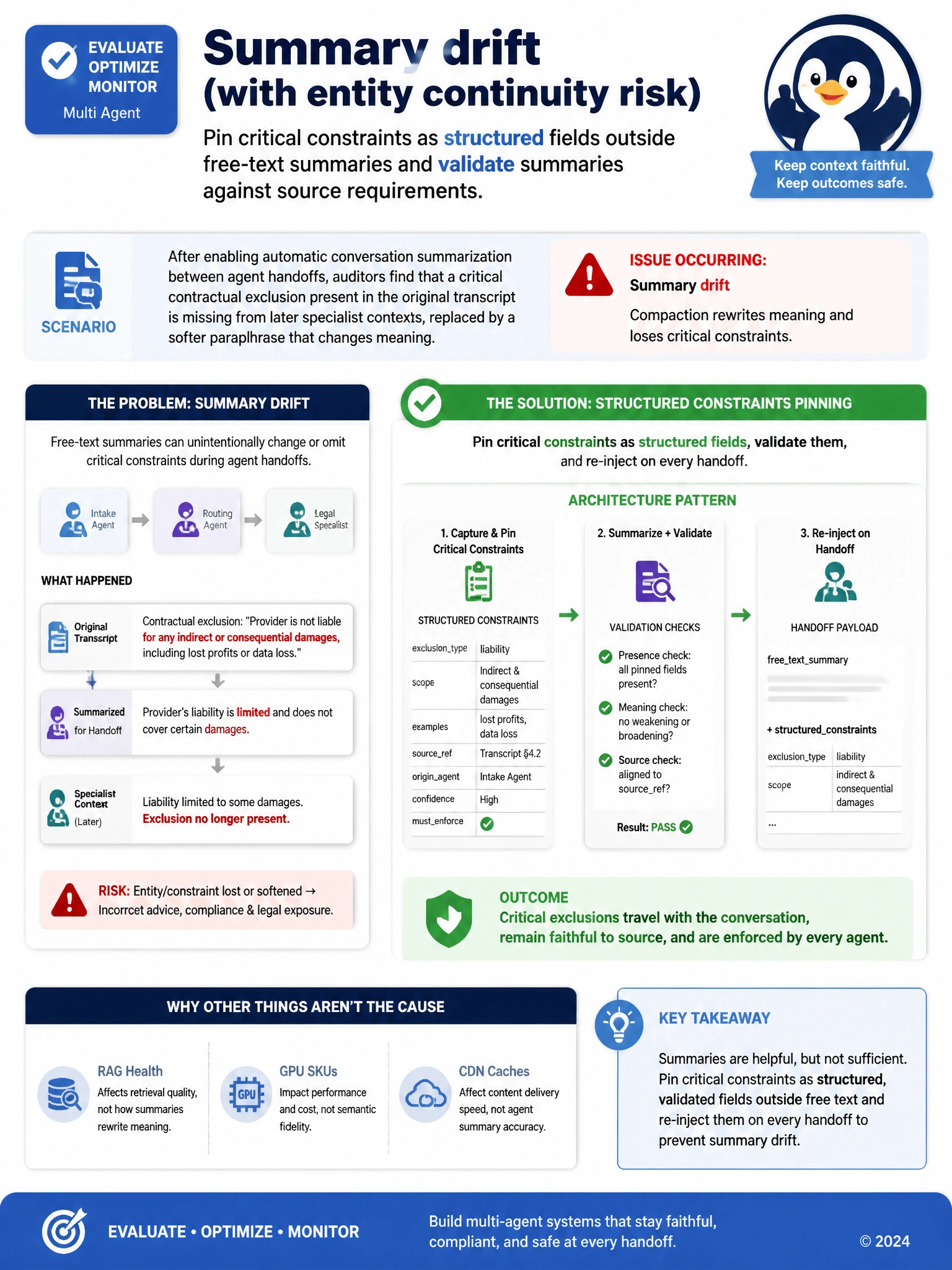 Portrait educational infographic 1536x2048, Microsoft Azure / Foundry style (blue #0078D4, white, dark navy). Topic: summary drift vs structured constraint pinning. Clear labeled architecture or decision diagram, correct path highlighted in green, common mistakes muted, minimal clutter, crisp baked-in text.