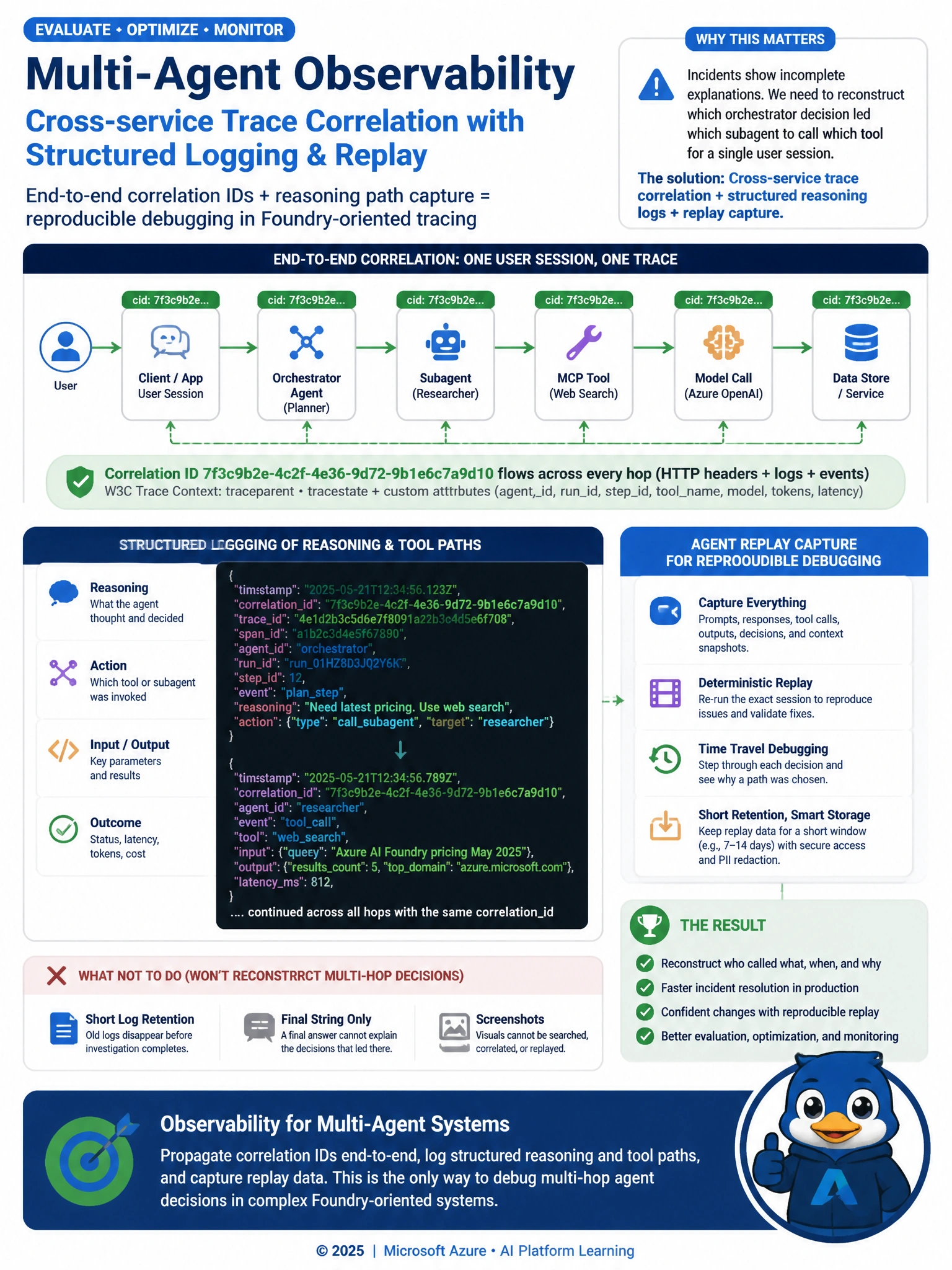 Portrait educational infographic 1536x2048, Microsoft Azure / Foundry style (blue #0078D4, white, dark navy). Topic: end-to-end correlation IDs across multi-agent traces. Clear labeled architecture or decision diagram, correct path highlighted in green, common mistakes muted, minimal clutter, crisp baked-in text.