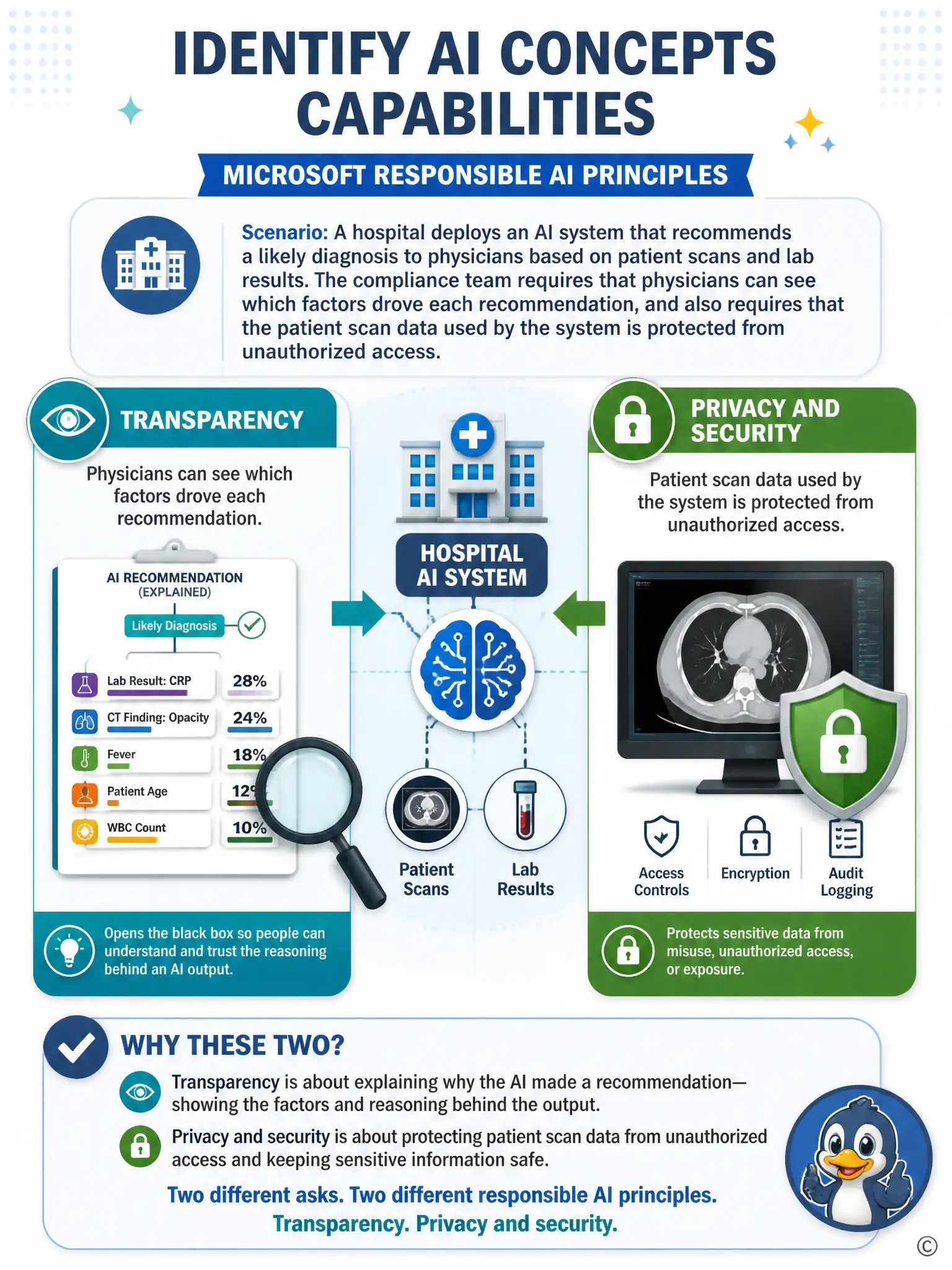Two side-by-side icon panels connected to a central hospital AI system icon: left panel shows an eye and magnifying glass over a decision flowchart labeled explainable factors, right panel shows a padlock over a medical scan image labeled protected patient data.