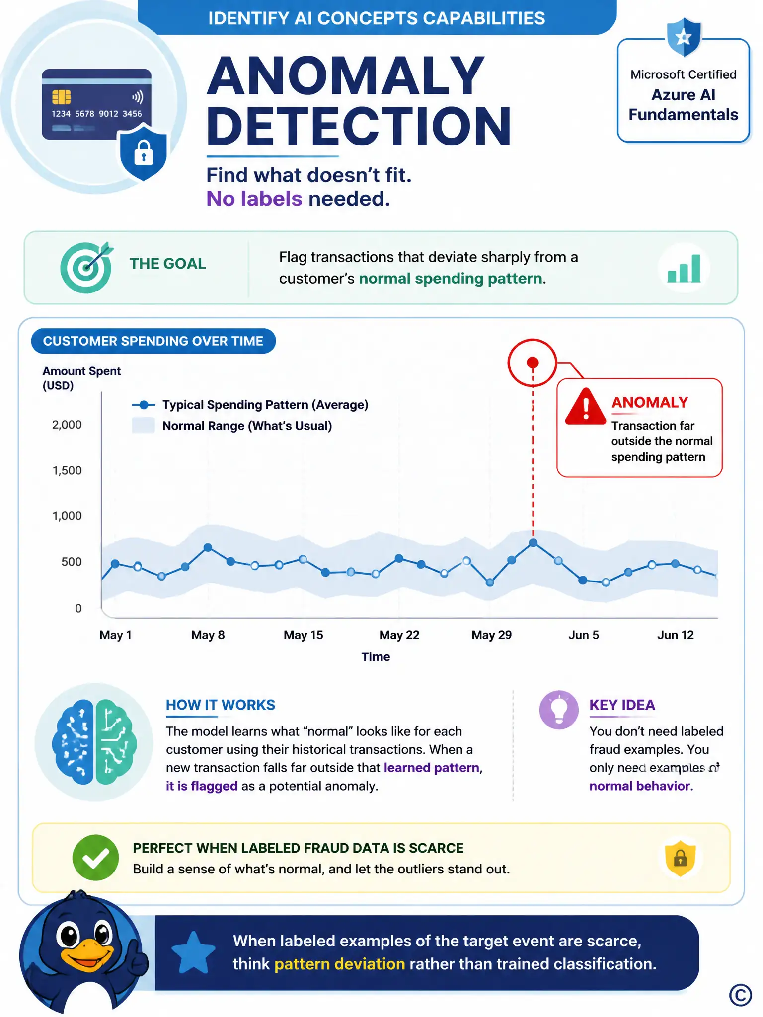 Line chart showing a customer's typical spending pattern as a smooth band, with one data point spiking far outside the band circled and marked with a warning icon, plus a small caption strip noting no labeled fraud history required.