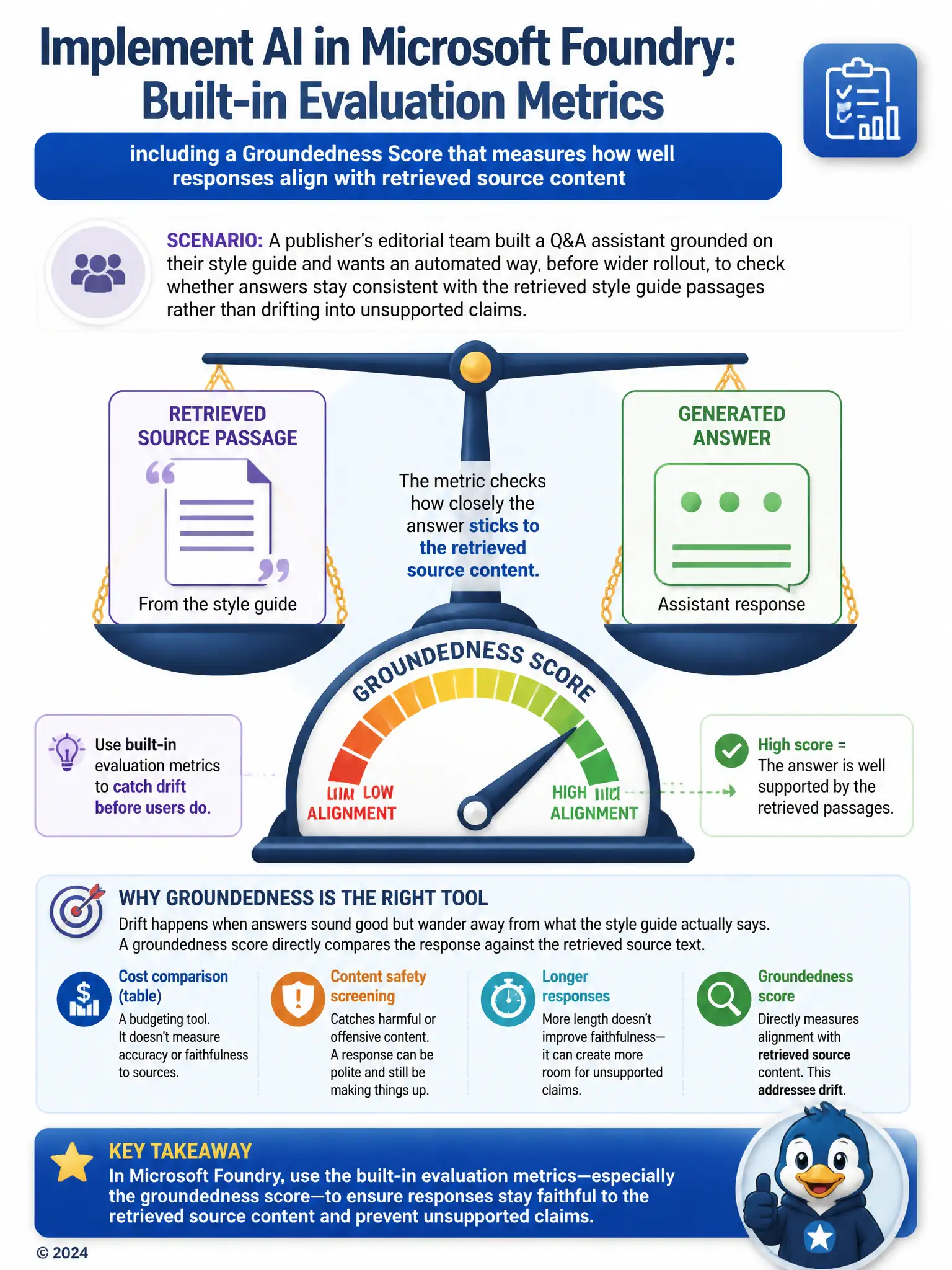 Portrait infographic showing a scale balancing a 'retrieved source passage' icon on one side against a 'generated answer' icon on the other, with a needle gauge labeled 'groundedness score' underneath pointing toward high alignment.