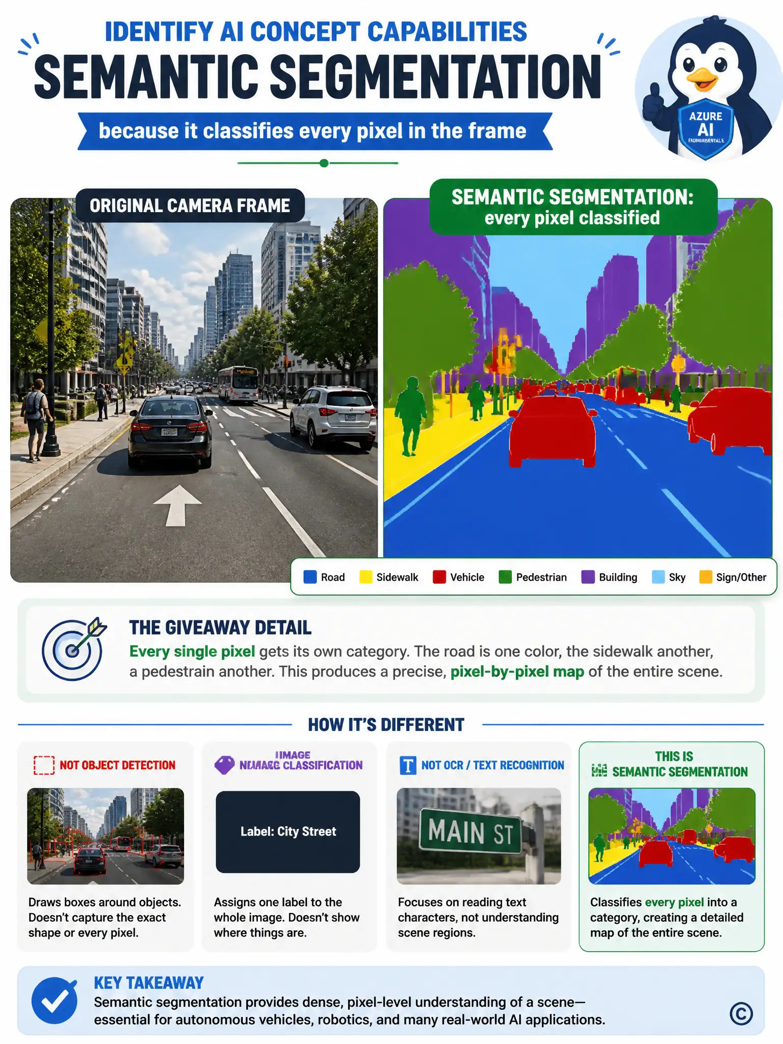 A street scene split into two panels: left panel a normal photo, right panel the same scene recolored into flat regions - blue for road, yellow for sidewalk, red for vehicles, green for pedestrians - labeled 'Semantic Segmentation: every pixel classified.'