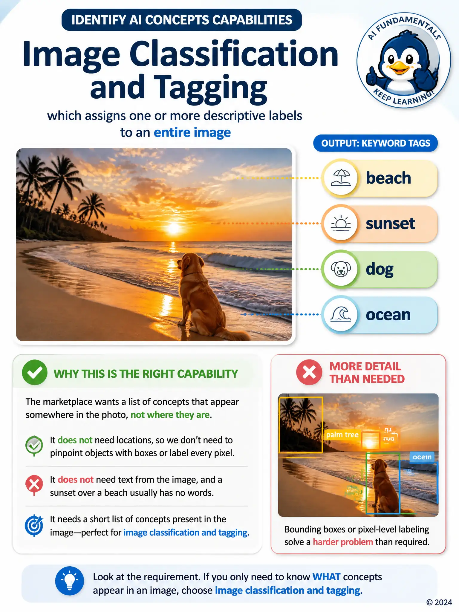 Show a single beach photo with a fanned-out list of keyword tags floating beside it: 'beach', 'sunset', 'dog', 'ocean'. In a smaller inset, contrast this with a version of the same photo showing bounding boxes around individual objects, crossed out and labeled 'more detail than needed'.