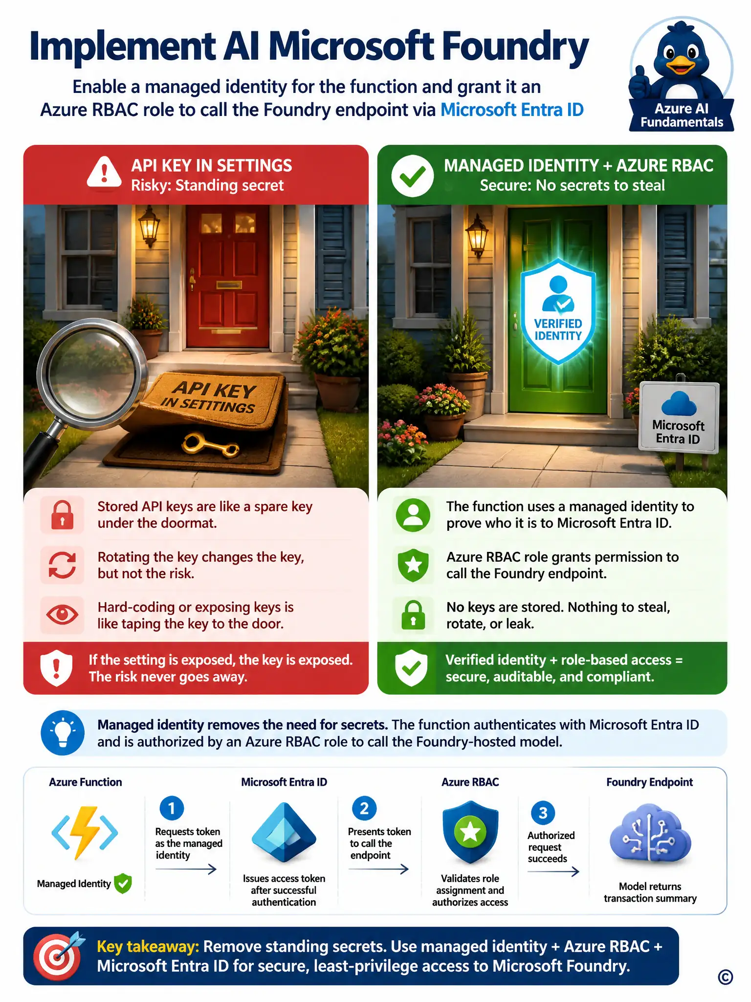 Two panels. Left: a house with a key hidden under a doormat labeled 'API key in settings', a magnifying glass hovering nearby. Right: the same house with no key at all, instead a badge-check icon labeled 'verified identity' unlocking the door directly.