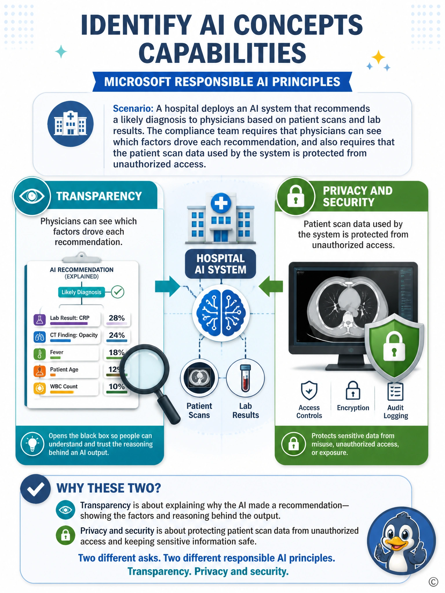 Two side-by-side icon panels connected to a central hospital AI system icon: left panel shows an eye and magnifying glass over a decision flowchart labeled explainable factors, right panel shows a padlock over a medical scan image labeled protected patient data.