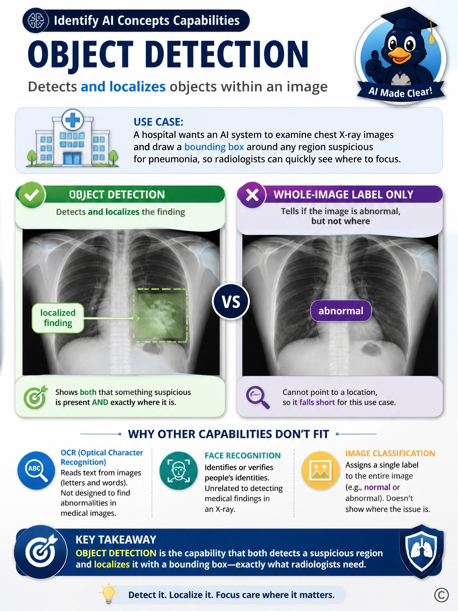 Chest X-ray silhouette with a dashed bounding box drawn around a shaded region, labeled 'localized finding', beside a second panel showing the same X-ray with only a single tag reading 'abnormal' and no box, labeled 'whole-image label only'.