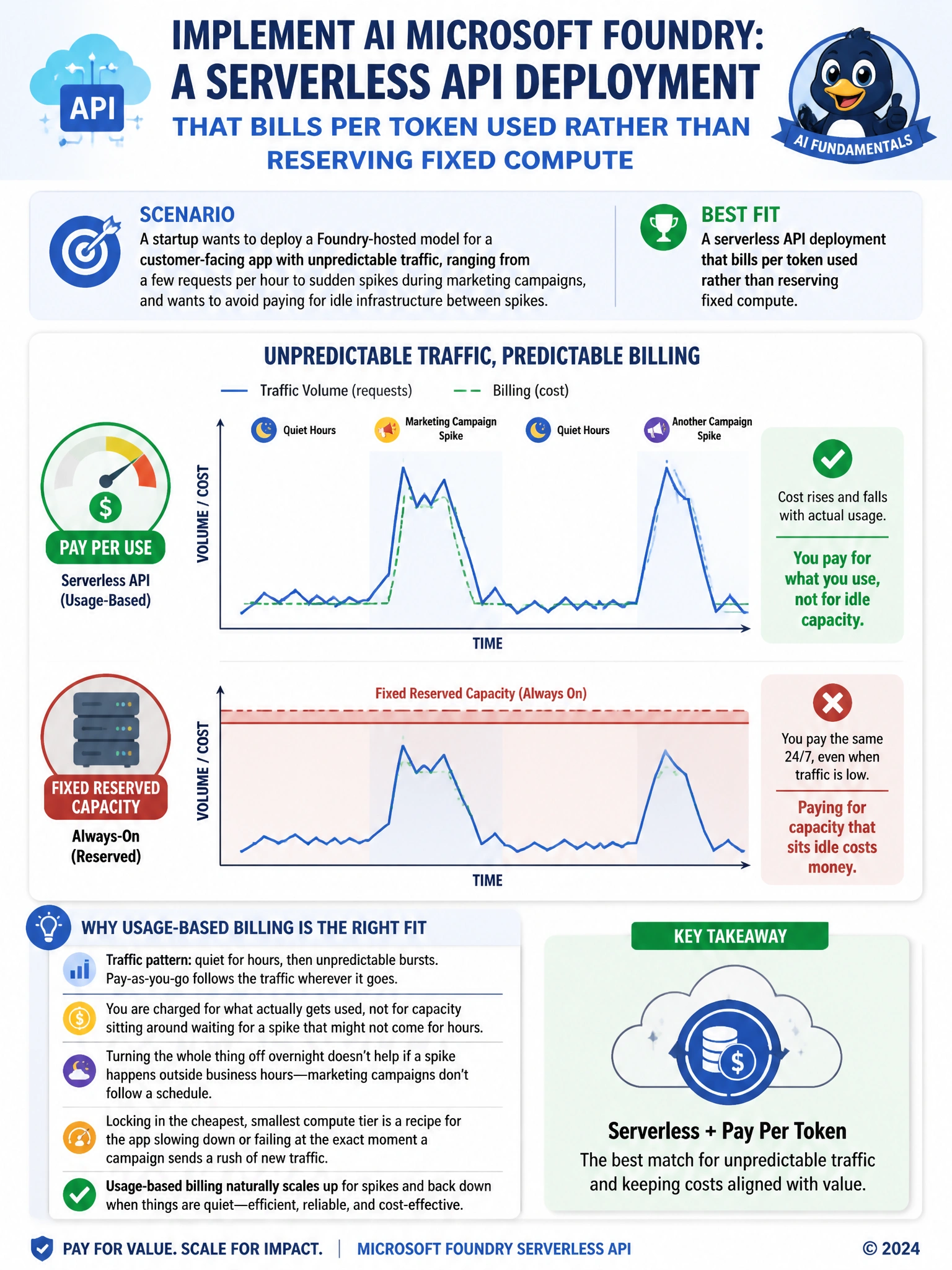 Portrait infographic showing a jagged traffic-volume line graph with sudden spikes, overlaid with a billing meter icon that rises and falls in step with the line, labeled 'pay per use', contrasted with a flat horizontal bar labeled 'fixed reserved capacity' sitting above the low-traffic portions.