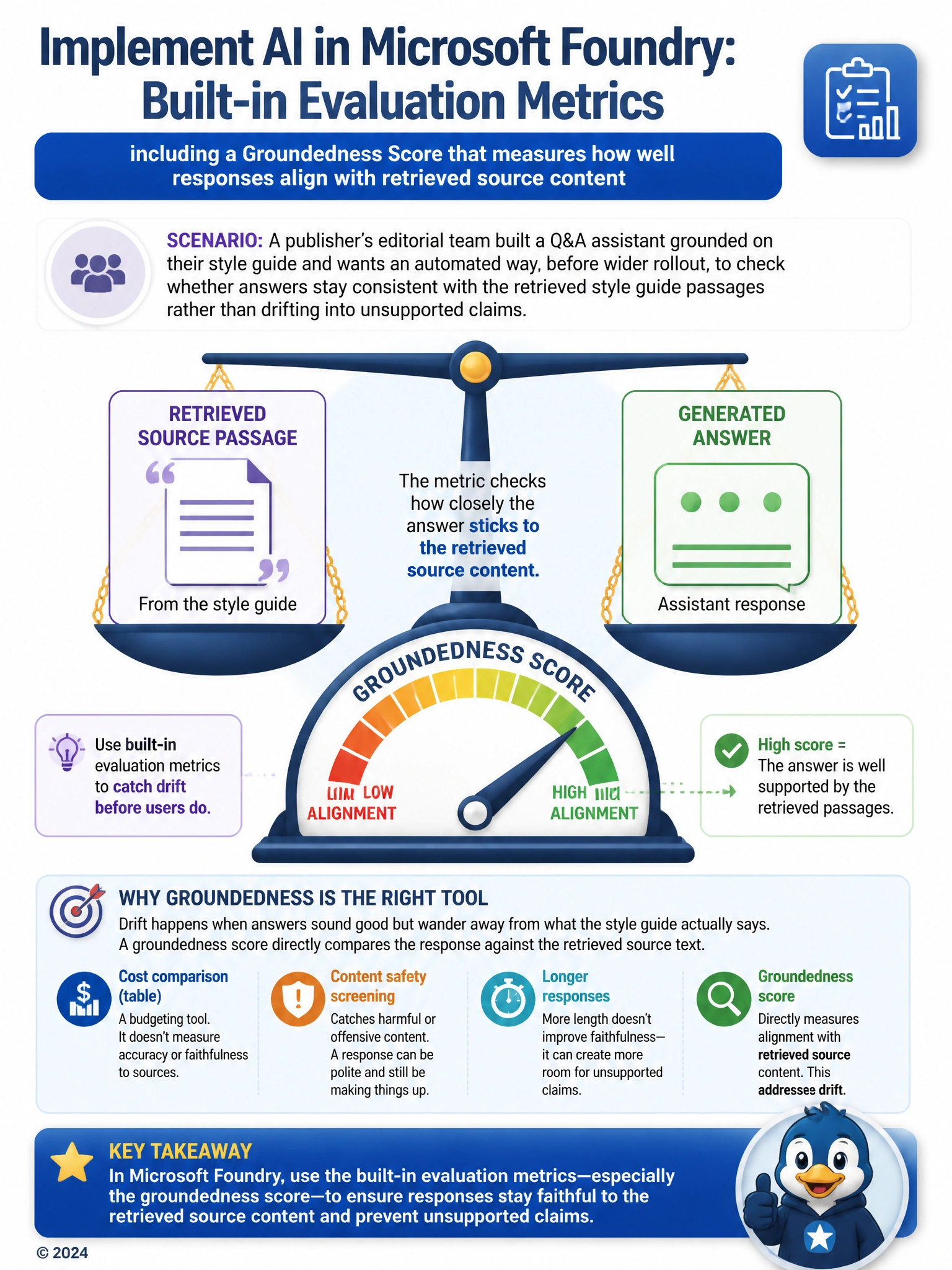 Portrait infographic showing a scale balancing a 'retrieved source passage' icon on one side against a 'generated answer' icon on the other, with a needle gauge labeled 'groundedness score' underneath pointing toward high alignment.